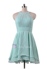 In stock,Ready to Ship -Short High Low Mint Green Chiffon Bridesmaid Dress (CST2225) - (#34 Mint, Sz10)