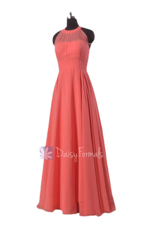 coral floor length bridesmaid dresses Simple A Line Coral Chiffon Long Bridesmaid Dresses, Bridal Party Dress, MBD322