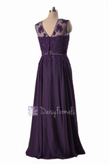 Gorgeous Long Beaded Purple Chiffon Bridesmaid Dress W/Illusion Neckline (BMDK122)