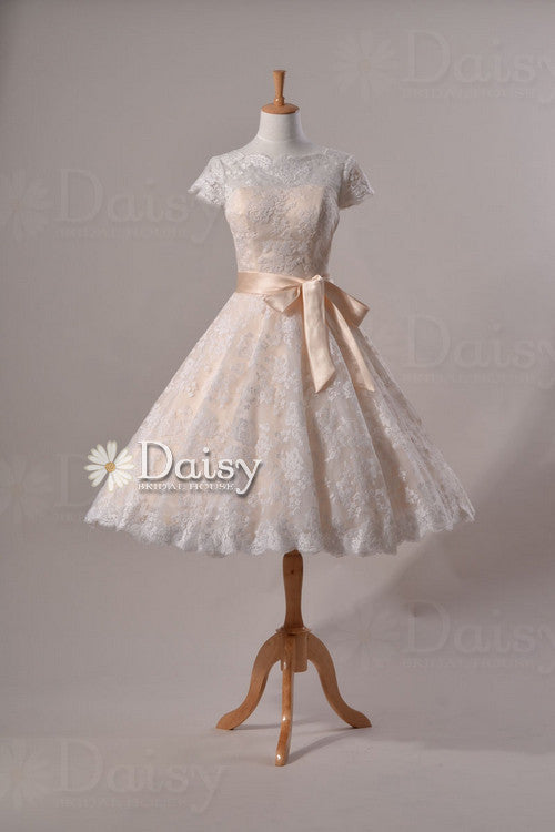 Cute Vintage Lace Wedding Dress, Tea Length lace wedding dress with cap sleeves ()