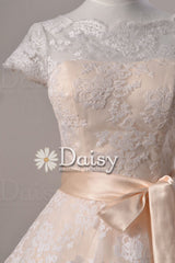 Cute Vintage Lace Wedding Dress, Tea Length lace wedding dress with cap sleeves ()