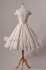 Cute Vintage Lace Wedding Dress, Tea Length lace wedding dress with cap sleeves ()