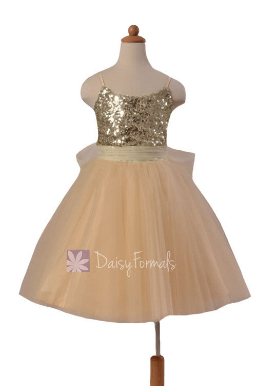 Adorable Champagne Tulle Flower Girl Dress W/Sequin Bodice & Spaghetti Straps(FL2526)