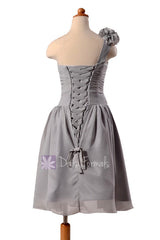 Gray Chiffon Flower Girl Dress Short One Shoulder Flower Girl Dress(FL223)