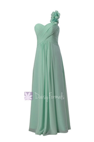 Long Mint Junior Bridesmaid Dress One Shoulder Chiffon Dress W/Handmaid Flowers(FL346)