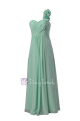 Long Mint Junior Bridesmaid Dress One Shoulder Chiffon Dress W/Handmaid Flowers(FL346)