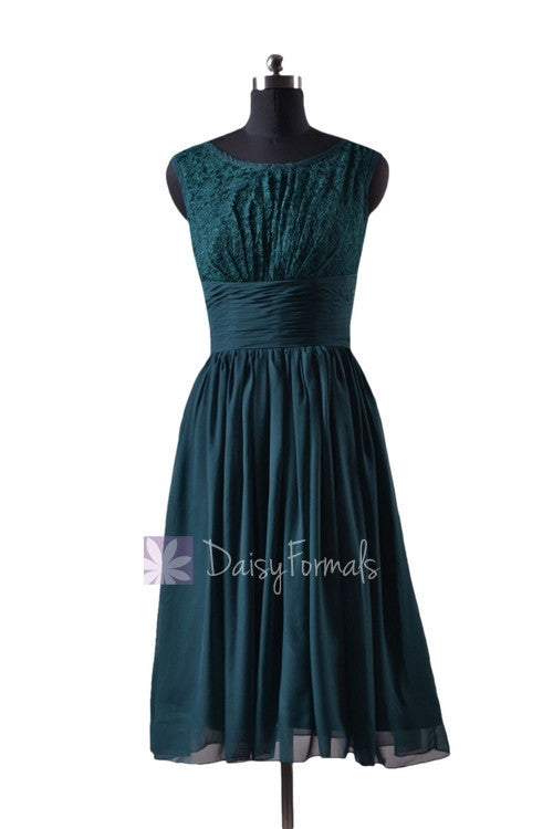 In stock,Ready to Ship - Short Chiffon Bridal Party Dress Lace Formal Dress (BM2529) - (Rich Peacock)