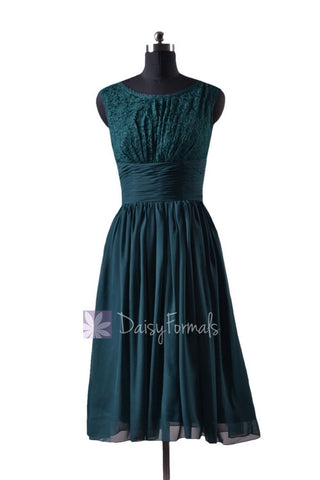 In stock,Ready to Ship - Short Chiffon Bridal Party Dress Lace Formal Dress (BM2529) - (Rich Peacock)