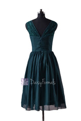 In stock,Ready to Ship - Short Chiffon Bridal Party Dress Lace Formal Dress (BM2529) - (Rich Peacock)