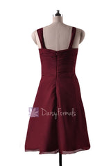 In stock,Ready to Ship - Knee Length Pleated Sweetheart Red Chiffon Bridesmaid Dress(BM732S) - (Falu Red, Sz12)